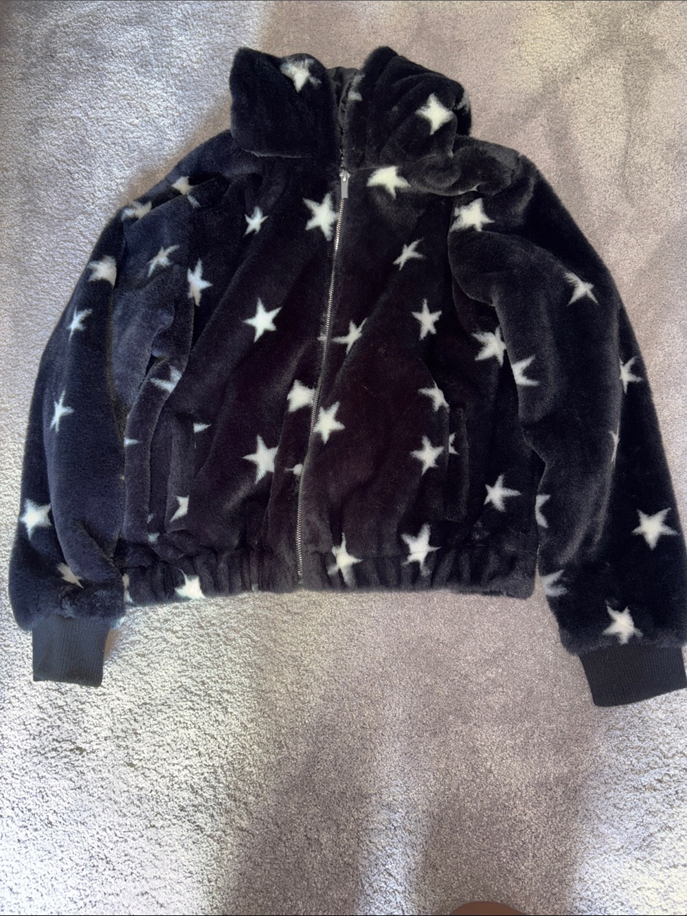 Black Star-Print Plush Zip-Up Jacket
